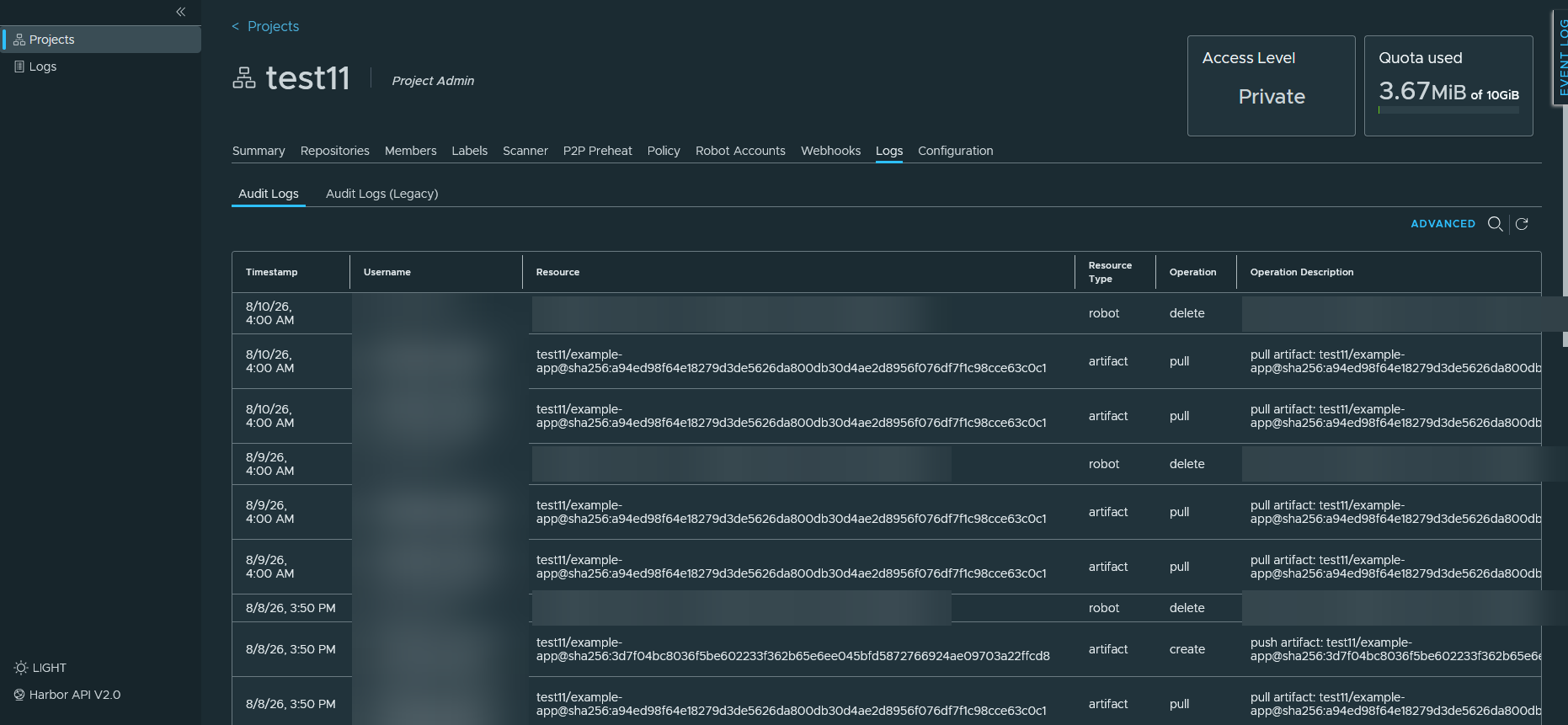 Audit log projektu